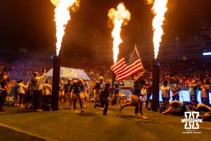 UCLA Bruins take the field during a college football game against the Nebraska Cornhuskers on Saturday, November 8, 2025, in Pasadena, California. Photo by John S. Peterson.