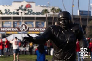 The Jackie Robinson sculpture outside the Rose Bowl seen before the college football game between the Nebraska Cornhuskers and the UCLA Bruins on Saturday, November 8, 2025, in Pasadena, California. Photo by John S. Peterson.