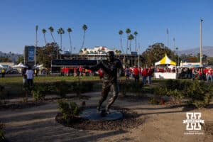 The Jackie Robinson sculpture outside the Rose Bowl seen before the college football game between the Nebraska Cornhuskers and the UCLA Bruins on Saturday, November 8, 2025, in Pasadena, California. Photo by John S. Peterson.