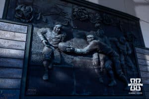 The Hand Off sculpture seen before the college football game between the Nebraska Cornhuskers and the UCLA Bruins on Saturday, November 8, 2025, in Pasadena, California. Photo by John S. Peterson.