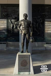 The Buckhorn Bronze seen out front of The Rose Bowl before the college football game between the Nebraska Cornhuskers and the UCLA Bruins on Saturday, November 8, 2025, in Pasadena, California. Photo by John S. Peterson.