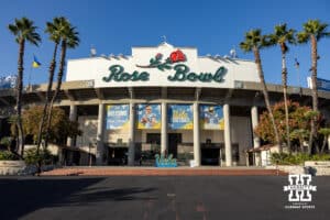The front entrance of the Rose Bowl is seen before the college football game between the Nebraska Cornhuskers and the UCLA Bruins on Saturday, November 8, 2025, in Pasadena, California. Photo by John S. Peterson.