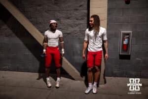 Nebraska Cornhuskers Emmett Johnson and TJ Lateef waitng to enter the press conference after the win over the UCLA Bruins during a college football game on Saturday, November 8, 2025, in Pasadena, California. Photo by John S. Peterson.