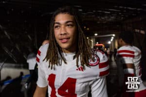 Nebraska Cornhusker quarterback TJ Lateef (14) works his way to the locker room afther the win over the UCLA Bruins during a college football game on Saturday, November 8, 2025, in Pasadena, California. Photo by John S. Peterson.