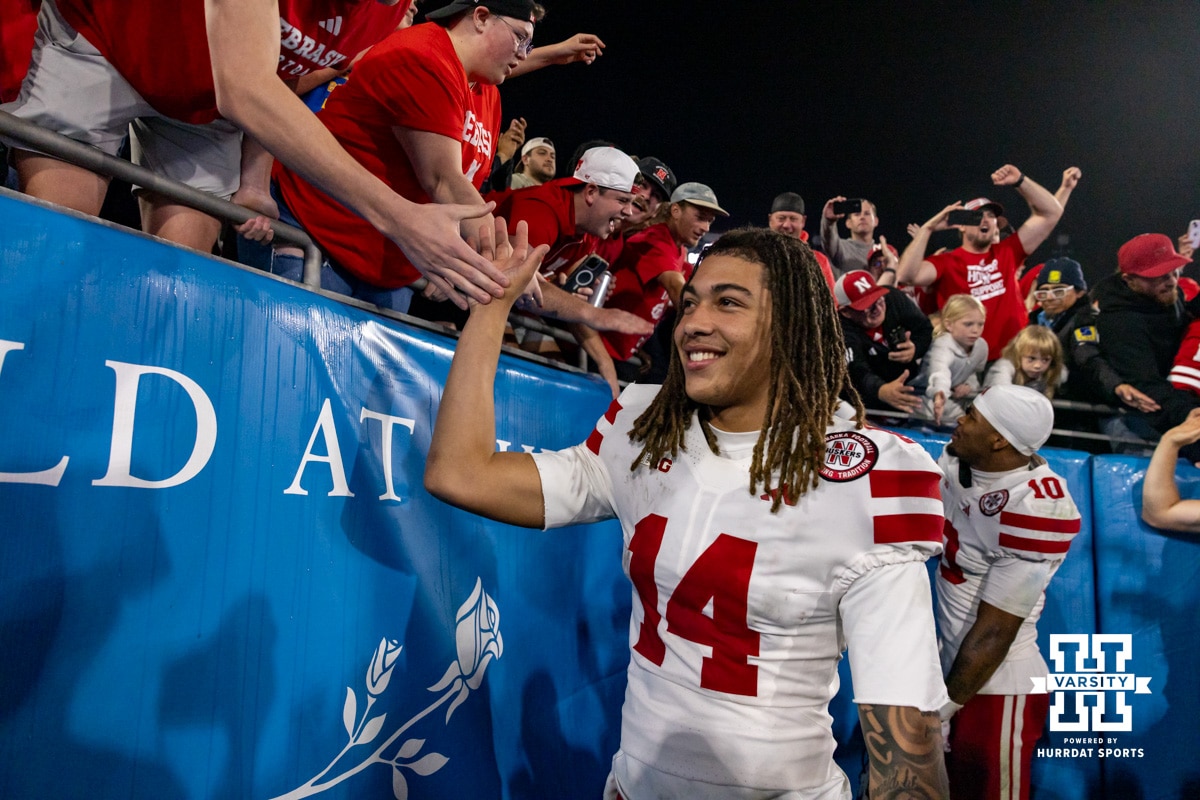 Nebraska Cornhusker quarterback TJ Lateef (14) give fives to the fans after the win over the UCLA Bruins during a college football game on Saturday, November 8, 2025, in Pasadena, California. Photo by John S. Peterson.