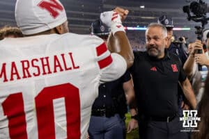 Nebraska Cornhusker head coach Matt Rhule and Andrew Marshall fist bump after the win over the UCLA Bruins during a college football game on Saturday, November 8, 2025, in Pasadena, California. Photo by John S. Peterson.