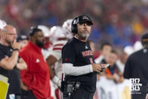 Nebraska Cornhuskers defensive coordinator John Butler looks a the scoreboard in the third quarter during a college football game against the UCLA Bruins on Saturday, November 8, 2025, in Pasadena, California. Photo by John S. Peterson.