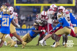 Nebraska Cornhusker running back Emmett Johnson (21) runs with the ball against the UCLA Bruins in the thrid quarter during a college football game on Saturday, November 8, 2025, in Pasadena, California. Photo by John S. Peterson.