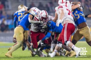 Nebraska Cornhusker running back Emmett Johnson (21) runs with the ball against the UCLA Bruins during a college football game on Saturday, November 8, 2025, in Pasadena, California. Photo by John S. Peterson.