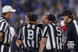 Nebraska Cornhusker head coach Matt Rhule talks to the official during a college football game against the UCLA Bruins on Saturday, November 8, 2025, in Pasadena, California. Photo by John S. Peterson.