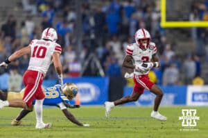 Nebraska Cornhusker wide receiver Jacory Barney Jr. (2) runs with the ball after a catch against the UCLA Bruins in the third quarter during a college football game on Saturday, November 8, 2025, in Pasadena, California. Photo by John S. Peterson.