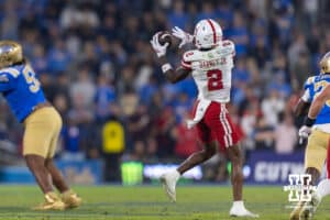 Nebraska Cornhusker wide receiver Jacory Barney Jr. (2) makes a catch against the UCLA Bruins in the third quarter during a college football game on Saturday, November 8, 2025, in Pasadena, California. Photo by John S. Peterson.