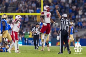 Nebraska Cornhusker defensive lineman Keona Davis (97) celebrates a tackle against the UCLA Bruins during a college football game on Saturday, November 8, 2025, in Pasadena, California. Photo by John S. Peterson.