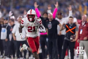 Nebraska Cornhusker running back Emmett Johnson (21) runs for a touchdown after a catch in the third quarter against the UCLA Bruins during a college football game on Saturday, November 8, 2025, in Pasadena, California. Photo by John S. Peterson.