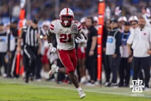 Nebraska Cornhusker running back Emmett Johnson (21) runs for a touchdown after a catch in the third quarter against the UCLA Bruins during a college football game on Saturday, November 8, 2025, in Pasadena, California. Photo by John S. Peterson.