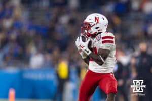 Nebraska Cornhusker running back Emmett Johnson (21) makes a catch for a touchdown in the third quarter against the UCLA Bruins during a college football game on Saturday, November 8, 2025, in Pasadena, California. Photo by John S. Peterson.