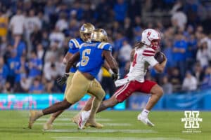 Nebraska Cornhusker quarterback TJ Lateef (14) runs with ball against the UCLA Bruins in the third quarter during a college football game on Saturday, November 8, 2025, in Pasadena, California. Photo by John S. Peterson.