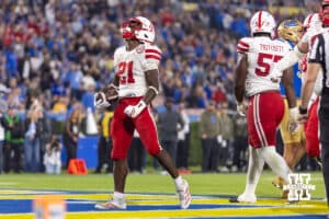 Nebraska Cornhusker running back Emmett Johnson (21) celebrates a touchdown in the second quarter against the UCLA Bruins during a college football game on Saturday, November 8, 2025, in Pasadena, California. Photo by John S. Peterson.