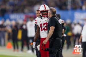 Nebraska Cornhusker head coach Matt Rhule talks to wide receiver Nyziah Hunter (13) during a college football game against the UCLA Bruins on Saturday, November 8, 2025, in Pasadena, California. Photo by John S. Peterson.
