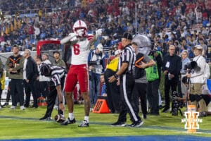 Nebraska Cornhusker wide receiver Dane Key (6) celebrates a first down in the second quarter against the UCLA Bruins during a college football game on Saturday, November 8, 2025, in Pasadena, California. Photo by John S. Peterson.