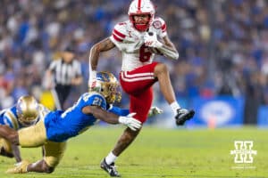 Nebraska Cornhusker wide receiver Dane Key (6) high steps to avoid UCLA Bruin defensive back Cole Martin (21) in the second quarter during a college football game on Saturday, November 8, 2025, in Pasadena, California. Photo by John S. Peterson.