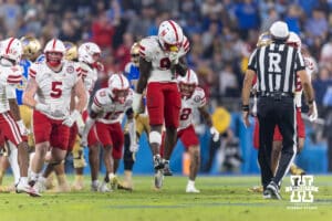 Nebraska Cornhusker linebacker Vincent Shavers Jr. (9) celebrates tackling UCLA Bruin quarterback Nico Iamaleava (9) during a college football game on Saturday, November 8, 2025, in Pasadena, California. Photo by John S. Peterson.