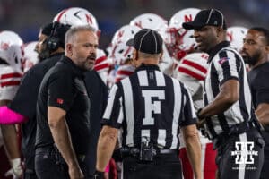 Nebraska Cornhusker head coach Matt Rhule talks to the referees in the first quarter during a college football game against the UCLA Bruins on Saturday, November 8, 2025, in Pasadena, California. Photo by John S. Peterson.
