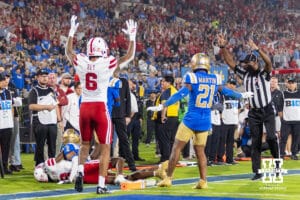 Nebraska Cornhusker wide receiver Dane Key (6) celebrates wide receiver Jacory Barney Jr. (2) touchdown in the first quarter during a college football game on Saturday, November 8, 2025, in Pasadena, California. Photo by John S. Peterson.