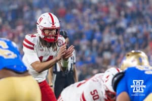 Nebraska Cornhusker quarterback TJ Lateef (14) readies for the snap against the UCLA Bruins in the first quarter during a college football game on Saturday, November 8, 2025, in Pasadena, California. Photo by John S. Peterson.