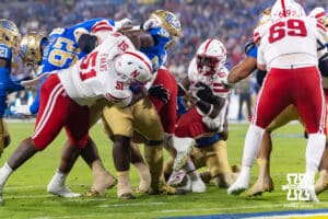 Nebraska Cornhusker running back Emmett Johnson (21) runs with the ball against the UCLA Bruins during a college football game on Saturday, November 8, 2025, in Pasadena, California. Photo by John S. Peterson.