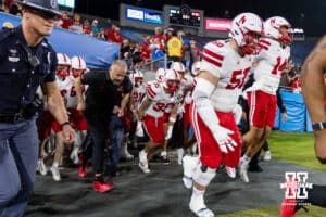 Nebraska Cornhusker head coach Matt Rhule runs out with the team to take on the UCLA Bruins during a college football game on Saturday, November 8, 2025, in Pasadena, California. Photo by John S. Peterson.