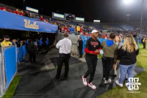 Nebraska Cornhusker coach Ron Brown walks out the field before the start of the college football game against the UCLA Bruins on Saturday, November 8, 2025, in Pasadena, California. Photo by John S. Peterson.
