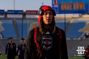 Nebraska Cornhusker quarterback TJ Lateef (14) heads to the locker room after arriving and check out the stadium to take on the UCLA Bruins during a college football game on Saturday, November 8, 2025, in Pasadena, California. Photo by John S. Peterson.