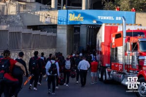 Nebraska Cornhuskers arrive at The Rose Bowl and heads to the field before taking on the UCLA Bruins during a college football game on Saturday, November 8, 2025, in Pasadena, California. Photo by John S. Peterson.