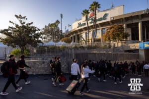 Nebraska Cornhuskers arrive at the stadium and head to the field to meet before a college football game against the UCLA Bruins on Saturday, November 8, 2025, in Pasadena, California. Photo by John S. Peterson.