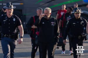 Nebraska Cornhusker head coach Matt Rhule gives the fans a fist pump arriving at the stadium to take on UCLA Bruins during a college football game on Saturday, November 8, 2025, in Pasadena, California. Photo by John S. Peterson.