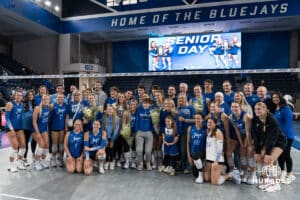 Creighton Bluejays pose for senior day after a volleyball game against Georgetown on Sunday, November 9, 2025, in Omaha, Nebraska. Photo by Brandon Tiedemann.