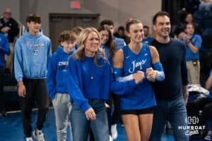 Creighton Bluejay Ava Martin #8 walks with parents after a volleyball game against Georgetown on Sunday, November 9, 2025, in Omaha, Nebraska. Photo by Brandon Tiedemann.