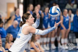 Creighton Bluejay Sydney Breissinger #24 serves during a volleyball game against Georgetown on Sunday, November 9, 2025, in Omaha, Nebraska. Photo by Brandon Tiedemann.