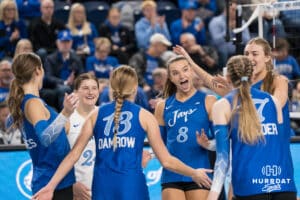 Creighton Bluejay Ava Martin #8 cheers after a point during a volleyball game against Georgetown on Sunday, November 9, 2025, in Omaha, Nebraska. Photo by Brandon Tiedemann.