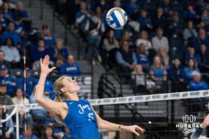 Creighton Bluejay Kiara Reinhardt #5 goes up for the spike during a volleyball game against Georgetown on Sunday, November 9, 2025, in Omaha, Nebraska. Photo by Brandon Tiedemann.