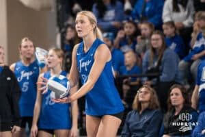 Creighton Bluejay Ashlyn Paymal #22 waits to serve during a volleyball game against Georgetown on Sunday, November 9, 2025, in Omaha, Nebraska. Photo by Brandon Tiedemann.