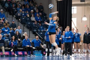 Creighton Bluejay Ivy Leuck #7 serves during a volleyball game against Georgetown on Sunday, November 9, 2025, in Omaha, Nebraska. Photo by Brandon Tiedemann.