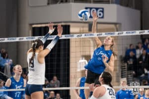 Creighton Bluejay Kiara Reinhardt #5 spikes the ball during a volleyball game against Georgetown on Sunday, November 9, 2025, in Omaha, Nebraska. Photo by Brandon Tiedemann.