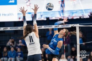 Creighton Bluejay Ava Martin #8 goes up for a kill during a volleyball game against Georgetown on Sunday, November 9, 2025, in Omaha, Nebraska. Photo by Brandon Tiedemann.