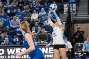 Creighton Bluejay Sydney Breissinger #24 sets the ball during a volleyball game against Georgetown on Sunday, November 9, 2025, in Omaha, Nebraska. Photo by Brandon Tiedemann.