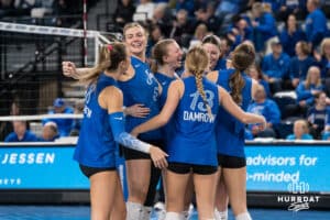 Creighton Bluejays celebrate an ace during a volleyball game against Georgetown on Sunday, November 9, 2025, in Omaha, Nebraska. Photo by Brandon Tiedemann.