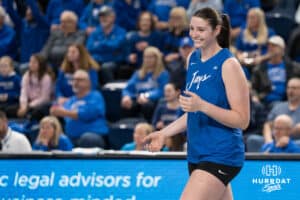 Creighton Bluejay Nora Wurtz #19 smiles after an ace during a volleyball game against Georgetown on Sunday, November 9, 2025, in Omaha, Nebraska. Photo by Brandon Tiedemann.