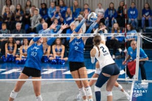 Creighton Bluejay Abbey Hayes #2 blocks a kill during a volleyball game against Georgetown on Sunday, November 9, 2025, in Omaha, Nebraska. Photo by Brandon Tiedemann.