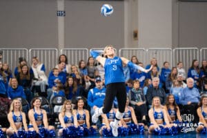 Creighton Bluejay Sky McCune #3 serves during a volleyball game against Georgetown on Sunday, November 9, 2025, in Omaha, Nebraska. Photo by Brandon Tiedemann.